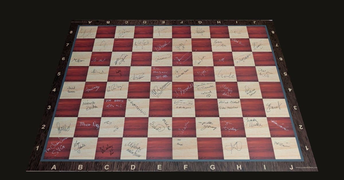 The Consulchess board signed at the 2024 Chess Olympiad